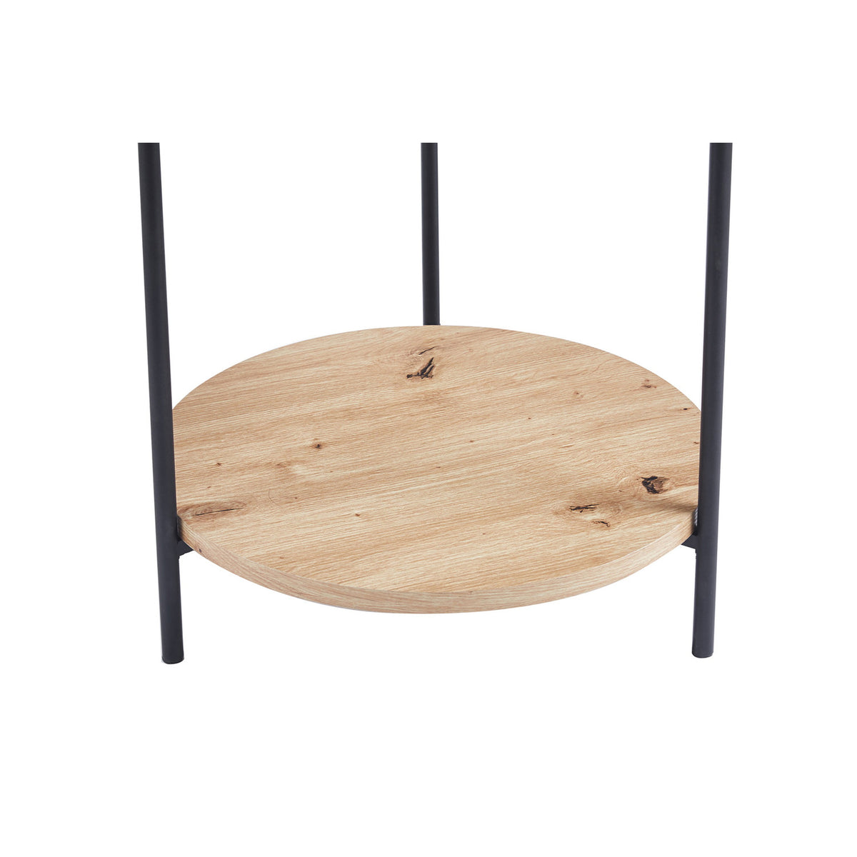 Table basse Dalina — Plateau rond, décor chêne vieilli