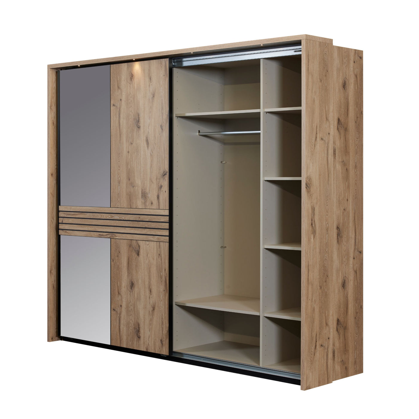 Intérieur armoire coulissante Tanya 245 cm : penderie centrale, étagères latérales et spot LED sous corniche