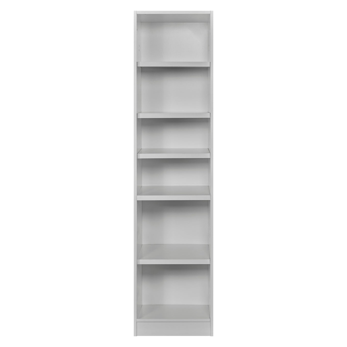 Rangement Systemix en décor papier sur panneaux de particules BLANC / ANTHRACITE, colonne d'étagères ouvertes blanche étroite à six niveaux, vue de face de la niche de rangement