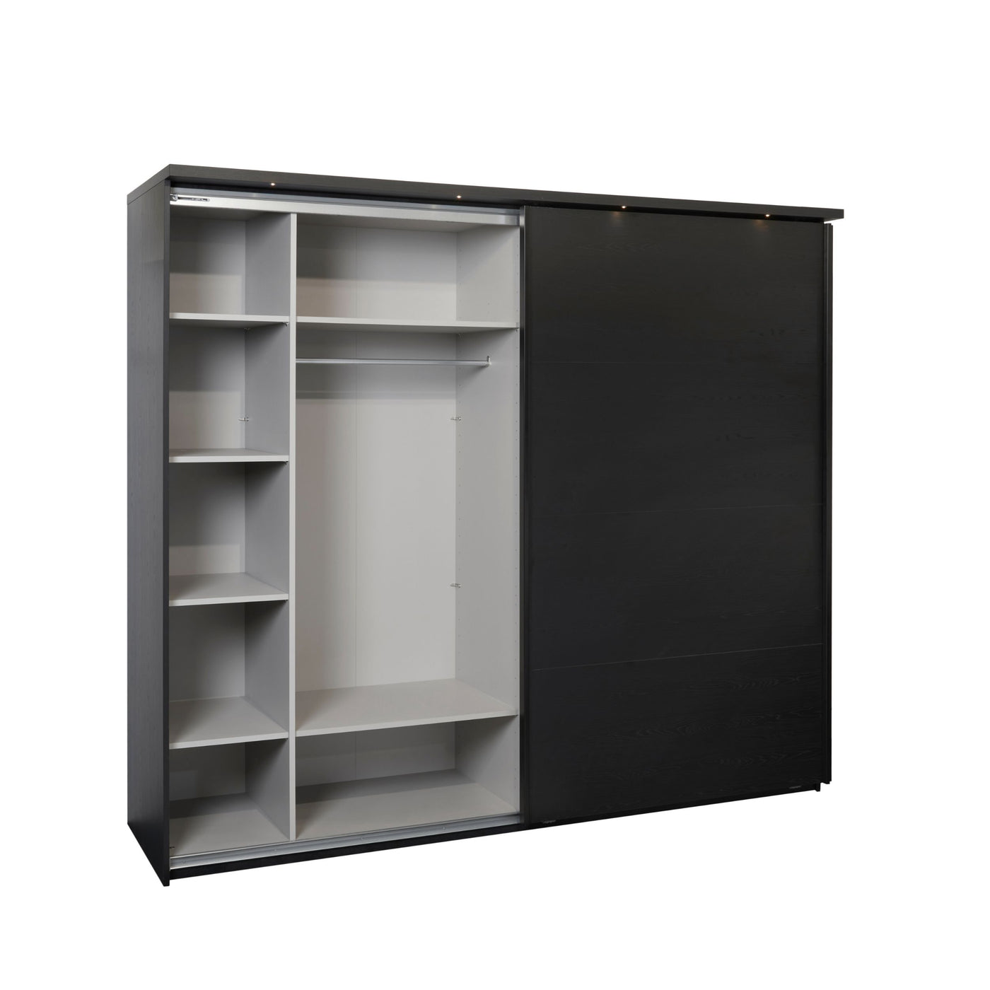 Intérieur armoire Rosie NOX de face : organisation penderie + étagères sur toute la hauteur