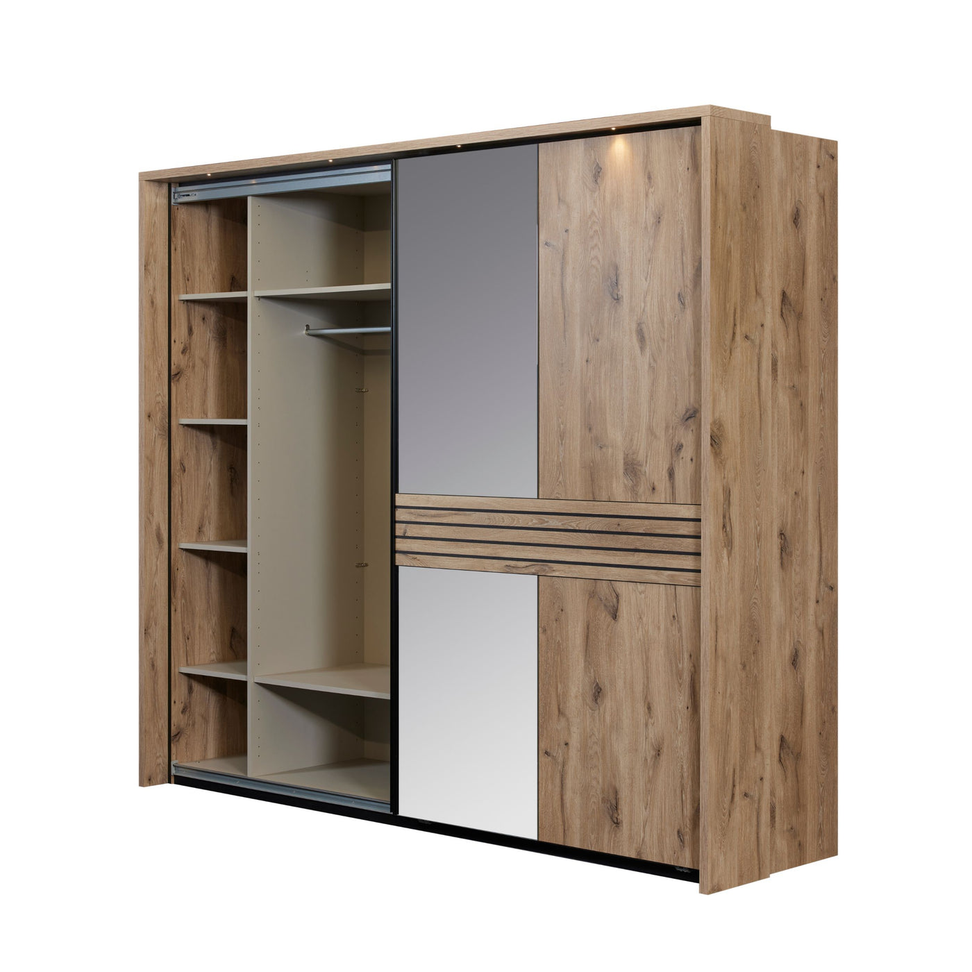 Intérieur armoire coulissante Tanya 280 cm : étagères latérales profondes, penderie et spot LED