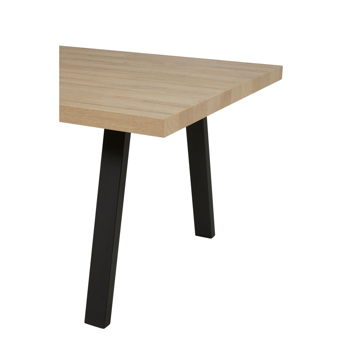 Salle à manger Marnix (French Oak), détail du pied droit métal noir et du chant du plateau de table