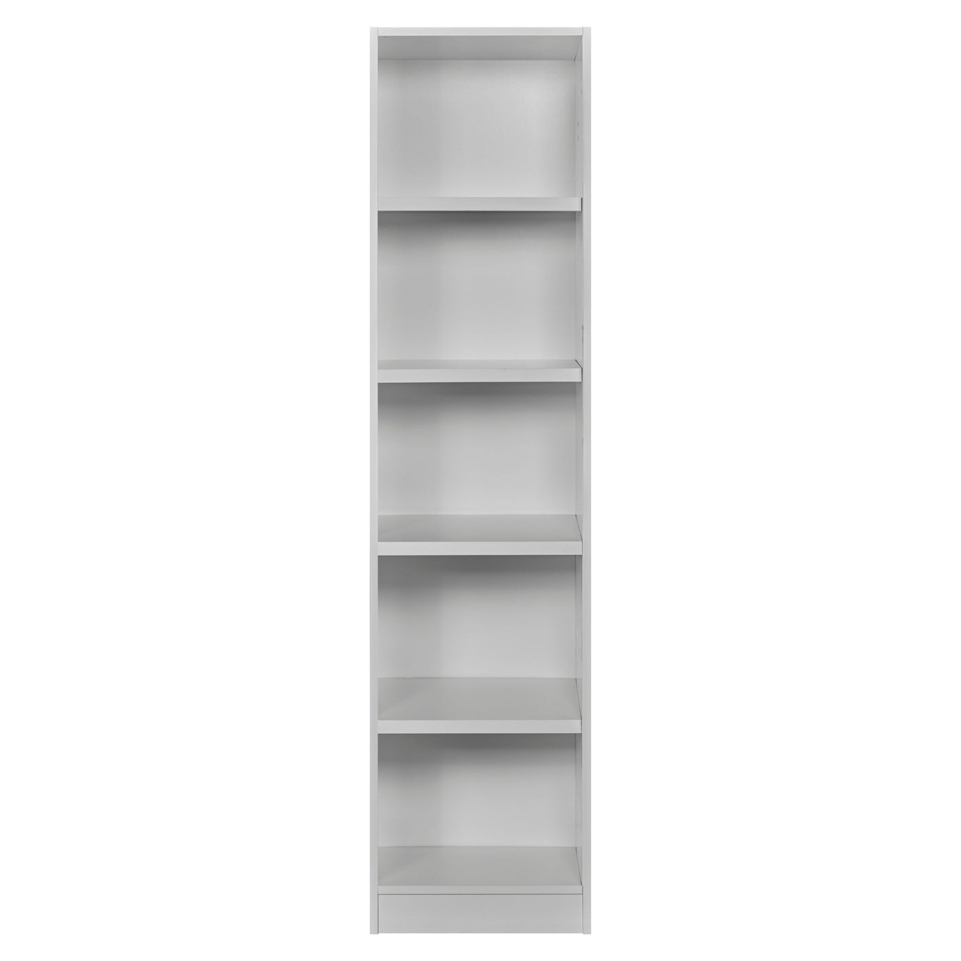 Rangement Systemix en décor papier sur panneaux de particules BLANC / ANTHRACITE, colonne blanche combinant quatre niches ouvertes en partie haute et trois tiroirs à poignées noires, vue de face