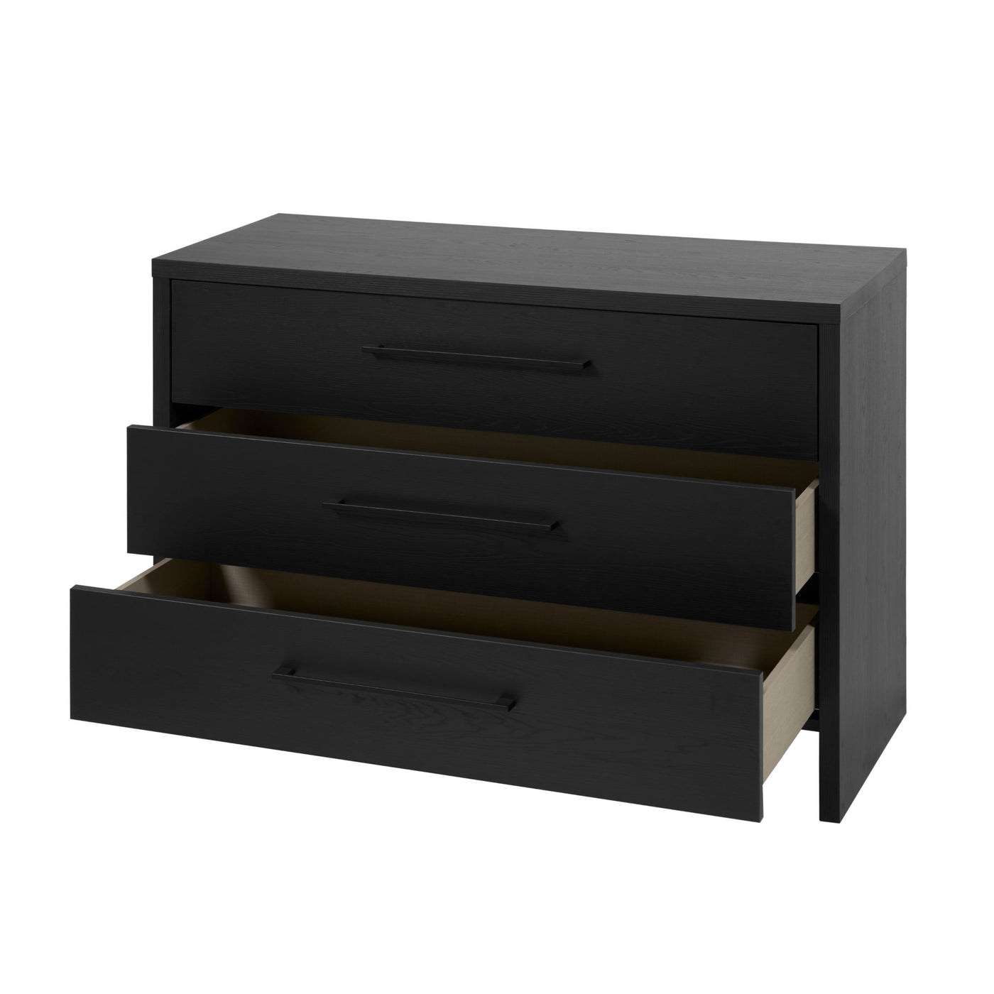 Commode Rosie NOX 3 tiroirs ouverts, intérieur clair et poignées métal noir mat