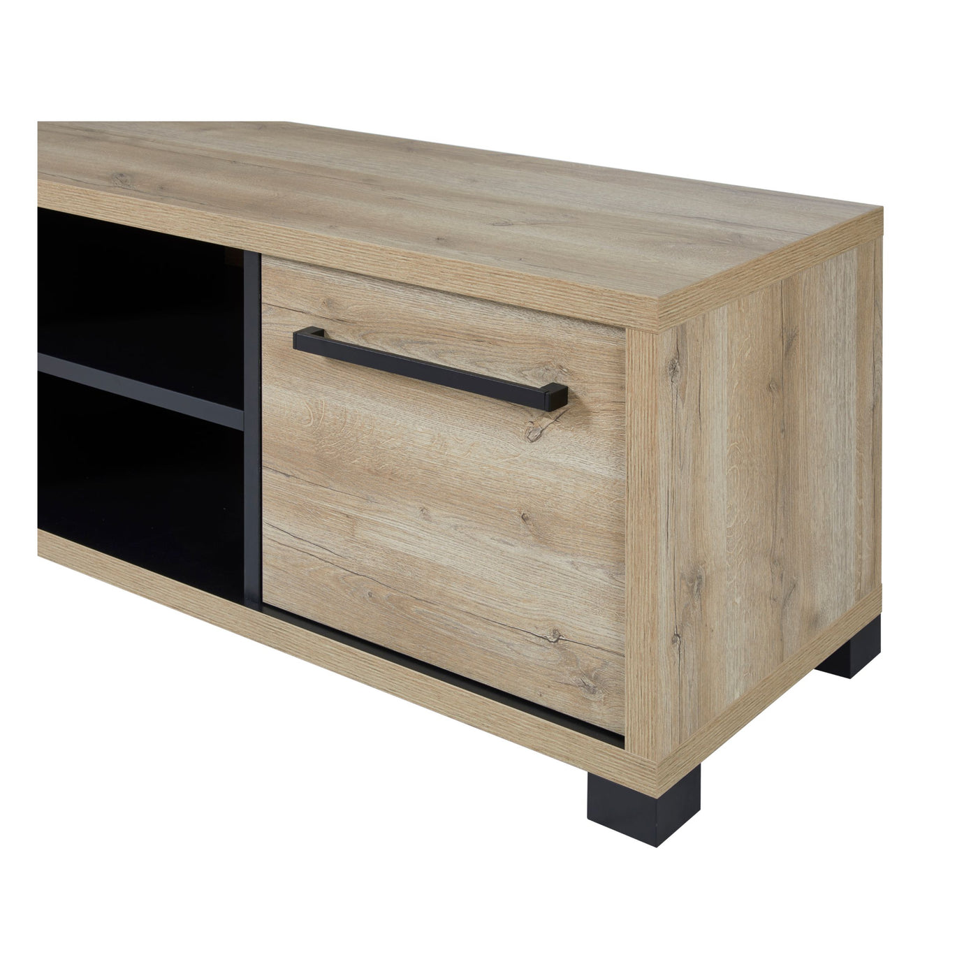 Salle à manger Rico (bi-ton Arizona Oak & Nero), extrémité du meuble TV chêne clair avec porte et pied noir en vue rapprochée