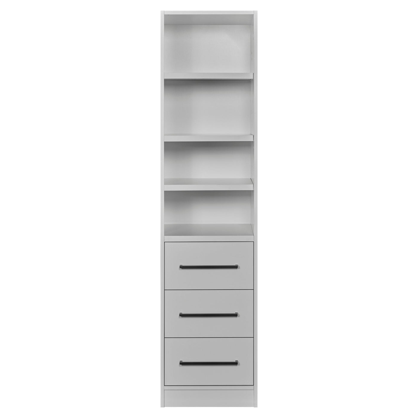 Rangement Systemix en décor papier sur panneaux de particules BLANC / ANTHRACITE, colonne blanche à quatre niches hautes et trois tiroirs à poignées noires, autre vue de face