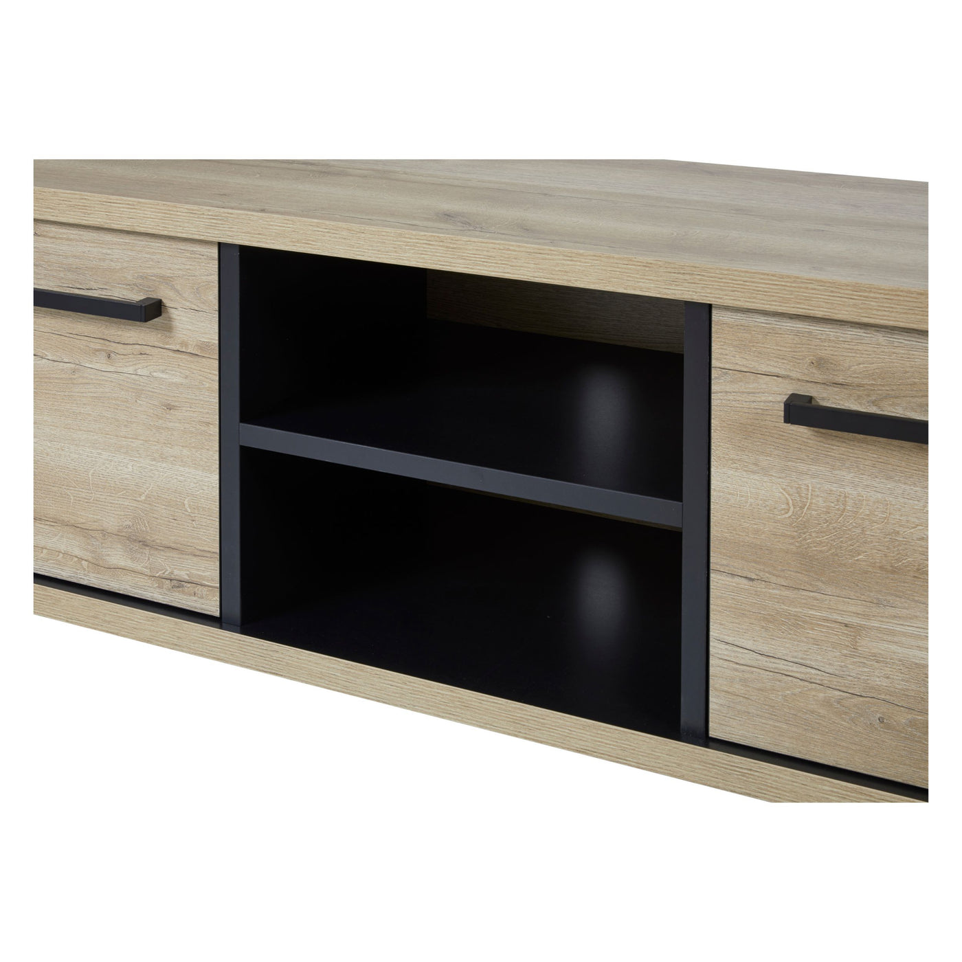 Salle à manger Rico (bi-ton Arizona Oak & Nero), détail de la niche centrale noire à deux étagères du meuble TV