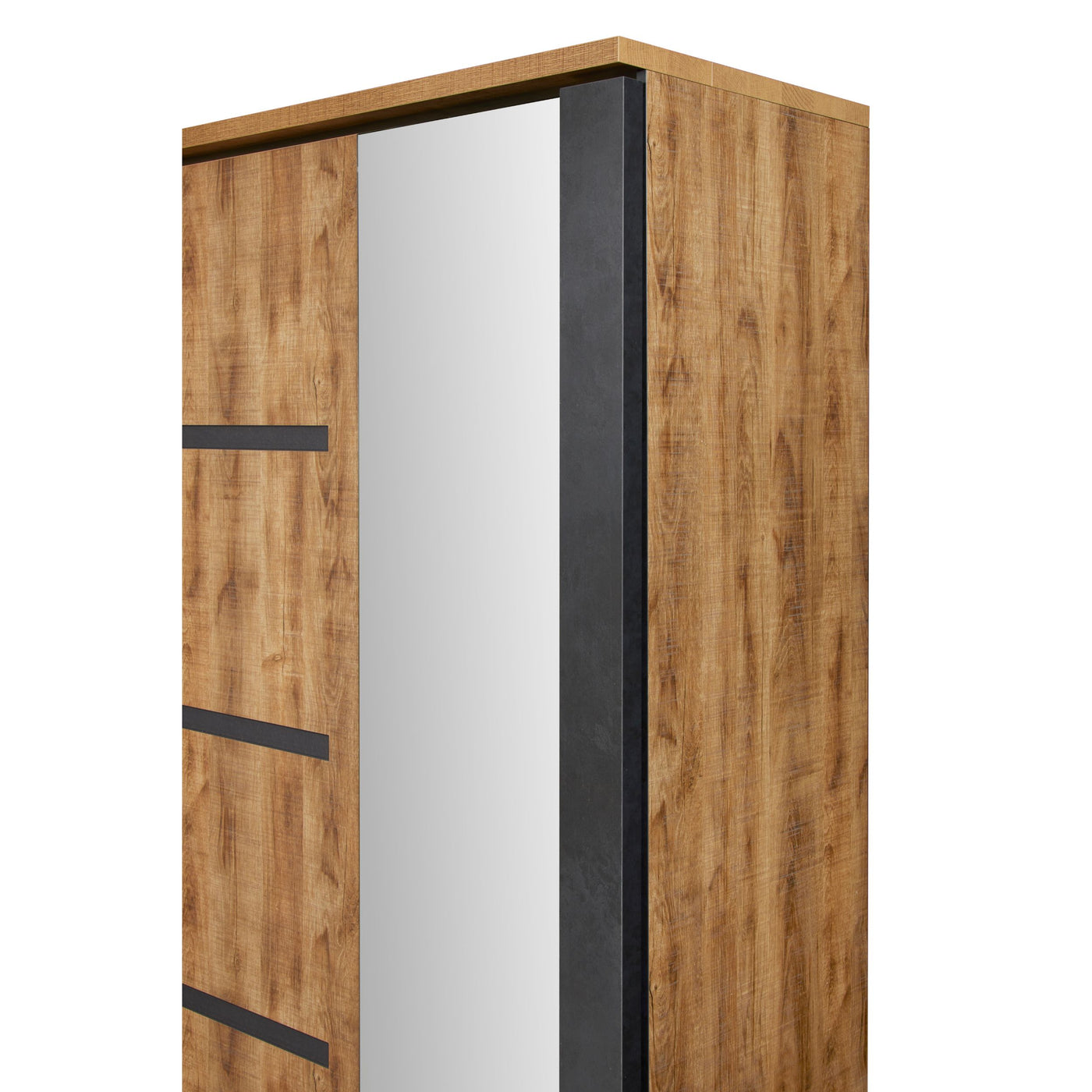Angle supérieur armoire Pauline : miroir latéral et plateau chêne doré