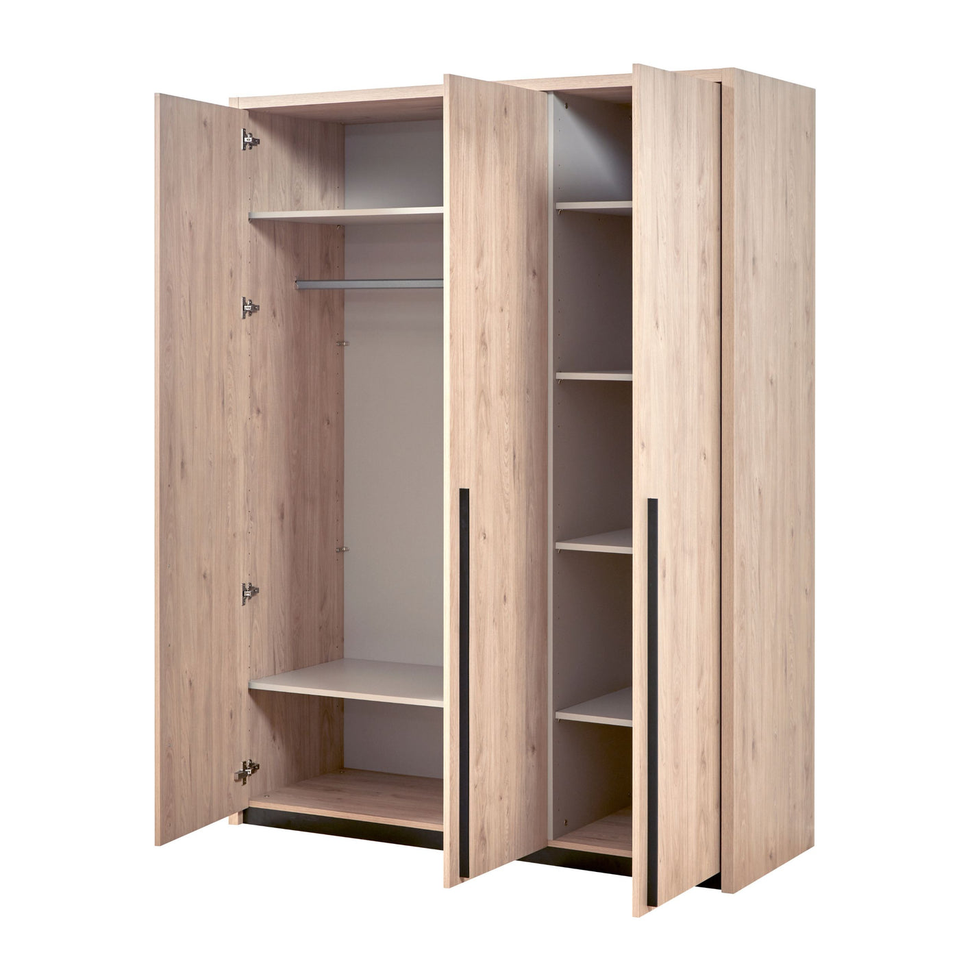 Intérieur de l'armoire 3 portes battantes Viola CASTELLA : penderie et doubles colonnes d'étagères