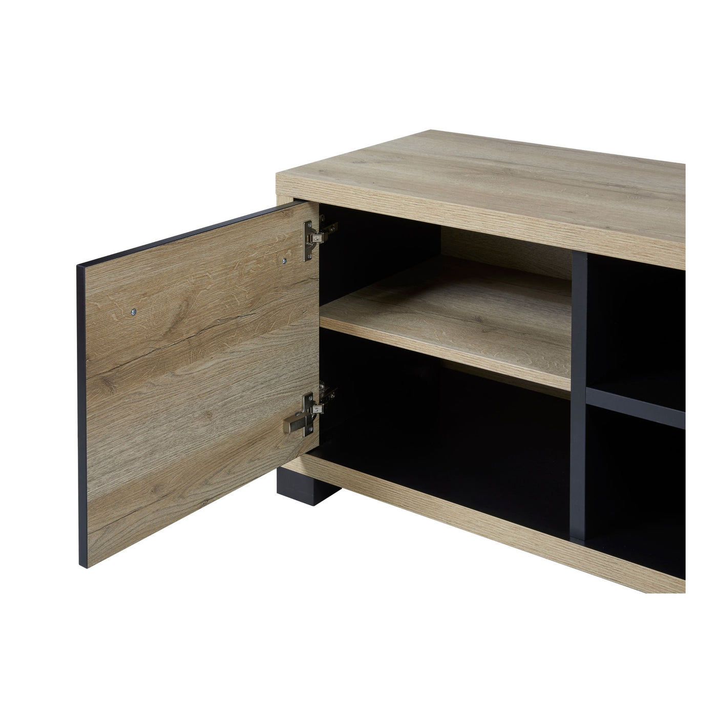Salle à manger Rico (bi-ton Arizona Oak & Nero), porte du meuble TV ouverte montrant les charnières et l'étagère intérieure