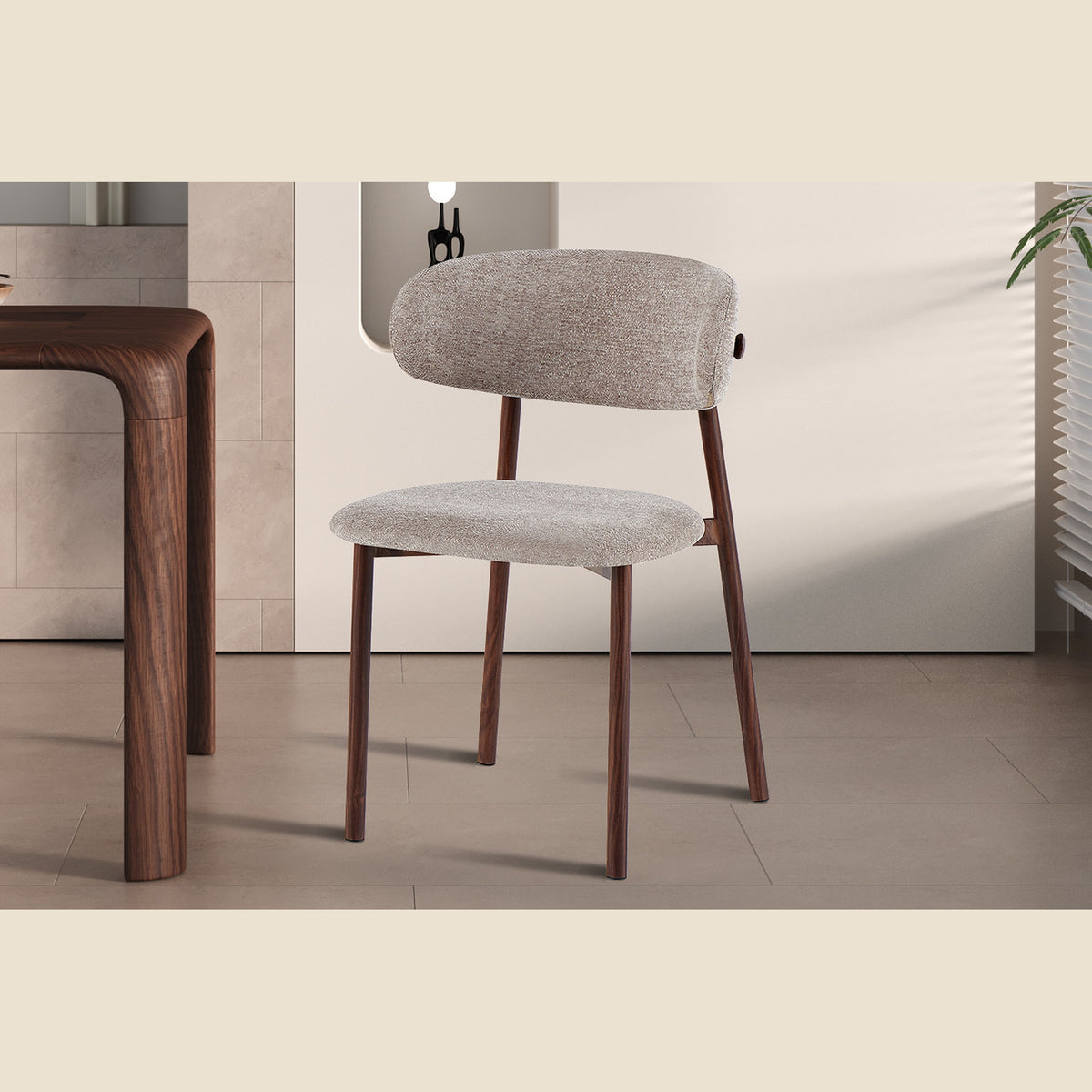 Chaise Coco — Tissu chiné, pied naturel, noyer ou gris