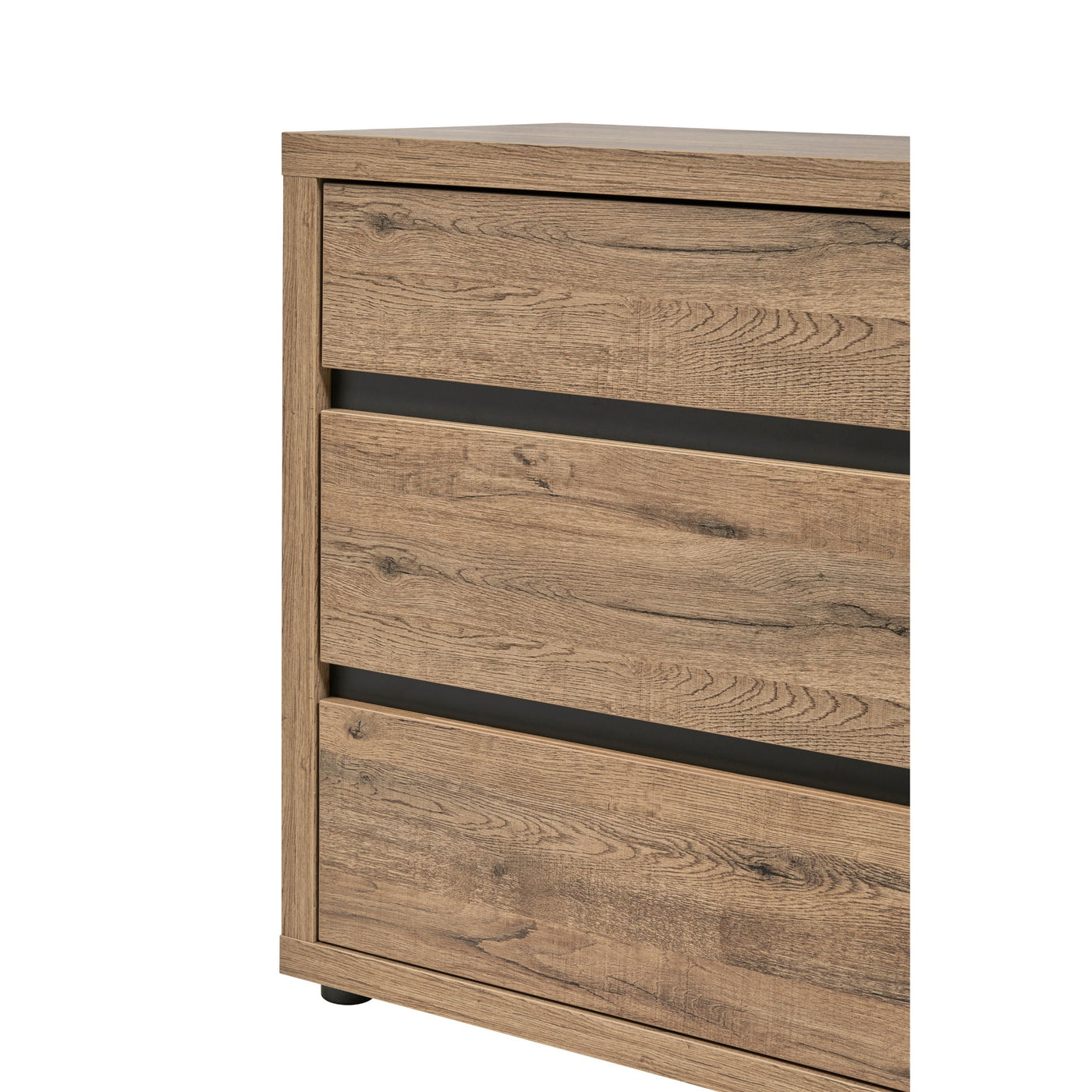 Gros plan côté commode Olivia SCARLET OAK : 3 tiroirs avec barre de préhension noire