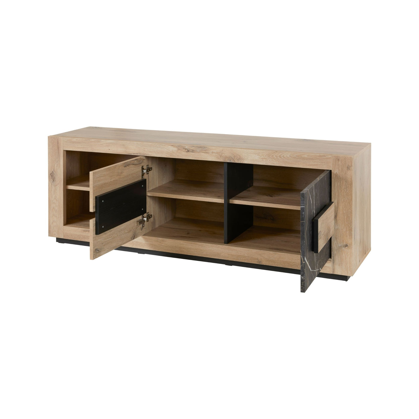 Salle à manger Sacha (Canyon Oak / Marmer / Nox), meuble TV portes ouvertes intérieur chêne et étagères