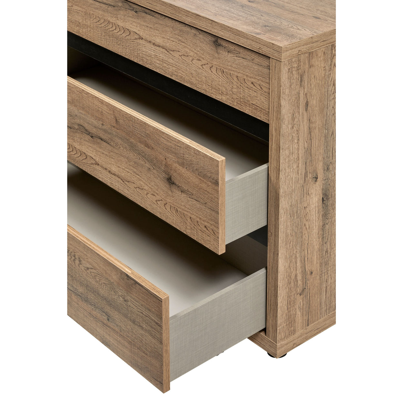 Commode Olivia vue de coin : deux tiroirs ouverts montrant la profondeur et le caisson intérieur