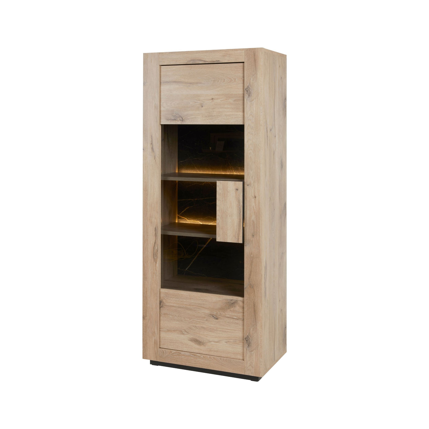 Salle à manger Sacha (Canyon Oak / Marmer / Nox), élément colonne vitrine porte ouverte étagères chêne