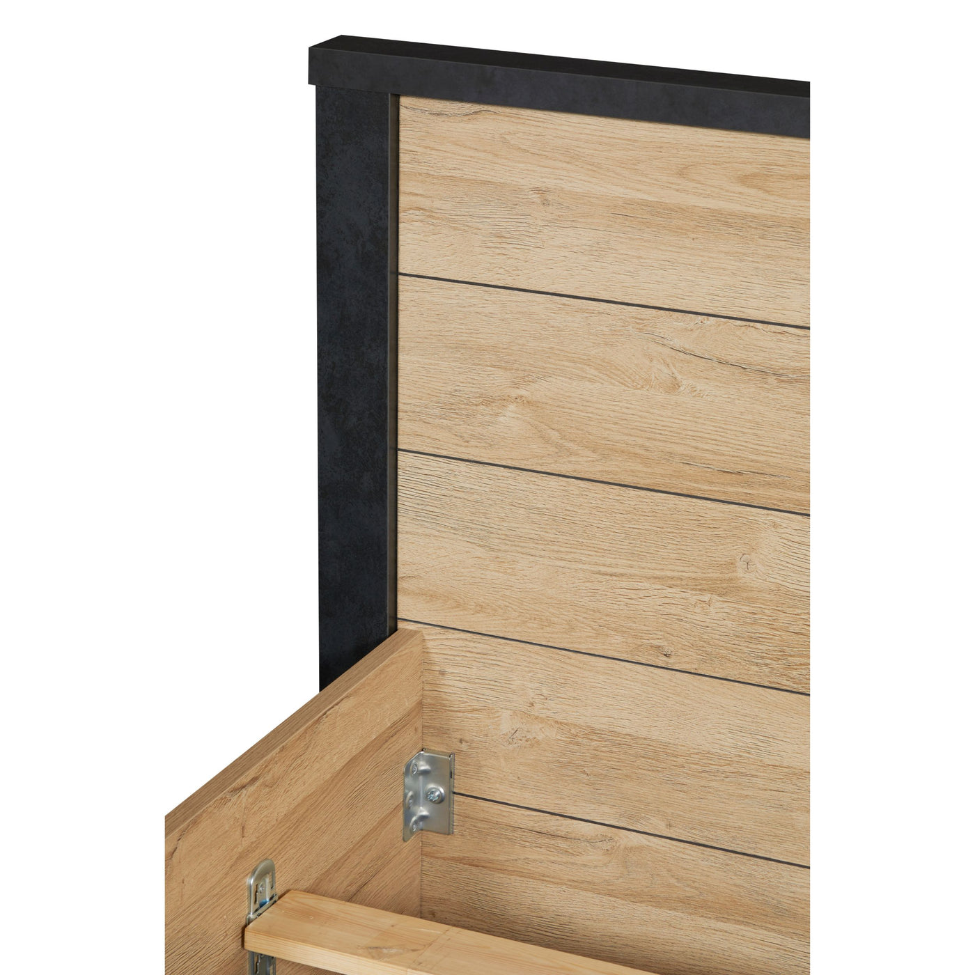 Détail angle supérieur de la tête de lit Phaedra : FRENCH OAK et bordure NOX
