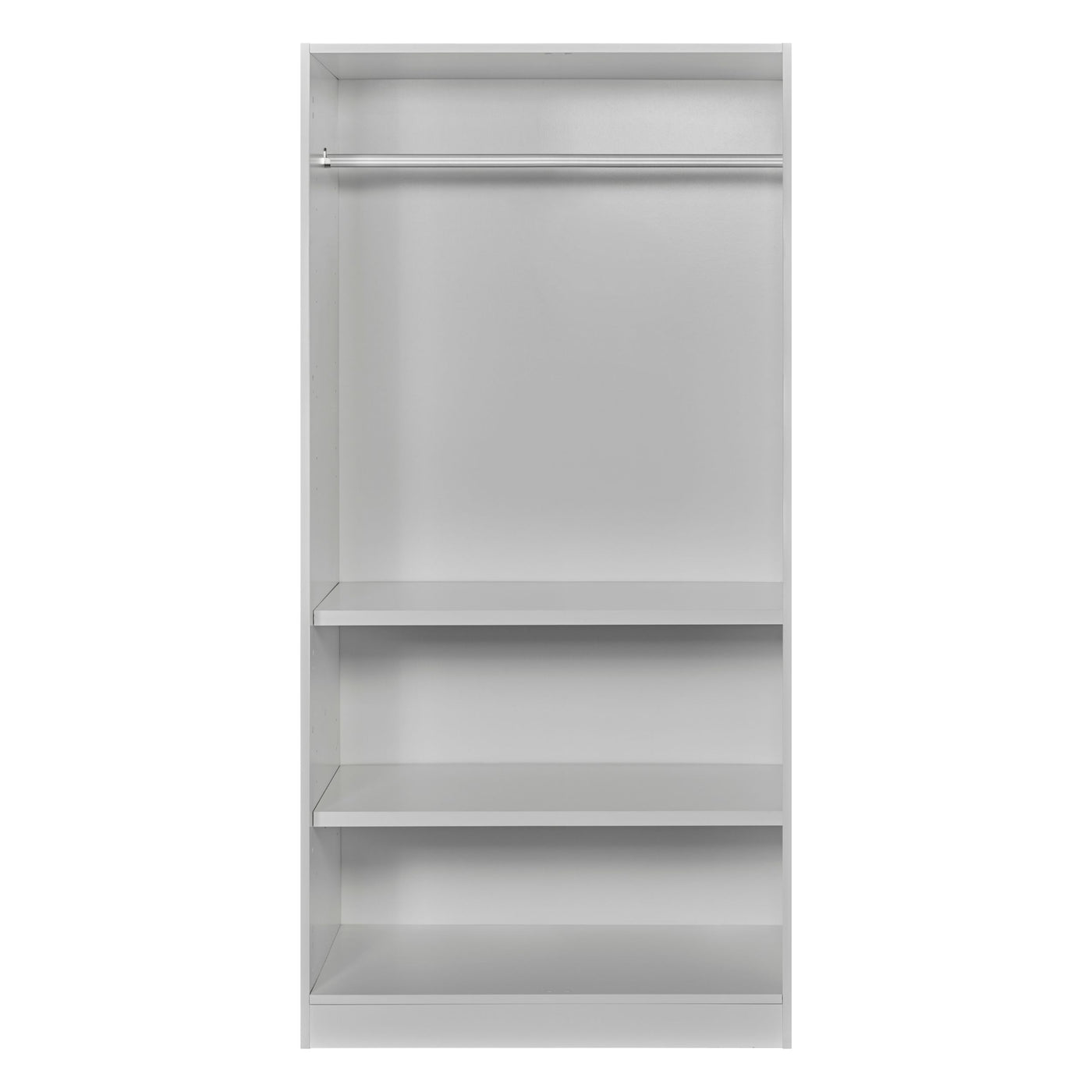 Rangement Systemix en décor papier sur panneaux de particules BLANC / ANTHRACITE, vue d'ensemble de tous les modules alignés montrant armoires, penderies, étagères et tiroirs du système
