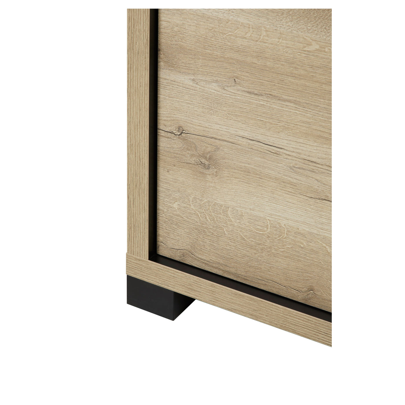 Salle à manger Rico (bi-ton Arizona Oak & Nero), détail du bas de la vitrine avec liseré noir et pied carré
