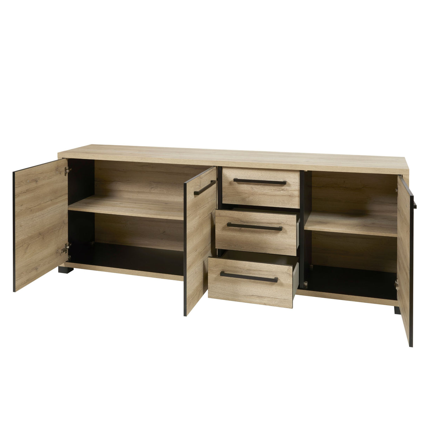 Salle à manger Rico (bi-ton Arizona Oak & Nero), grand bahut portes et tiroirs ouverts révélant étagères et rangements intérieurs
