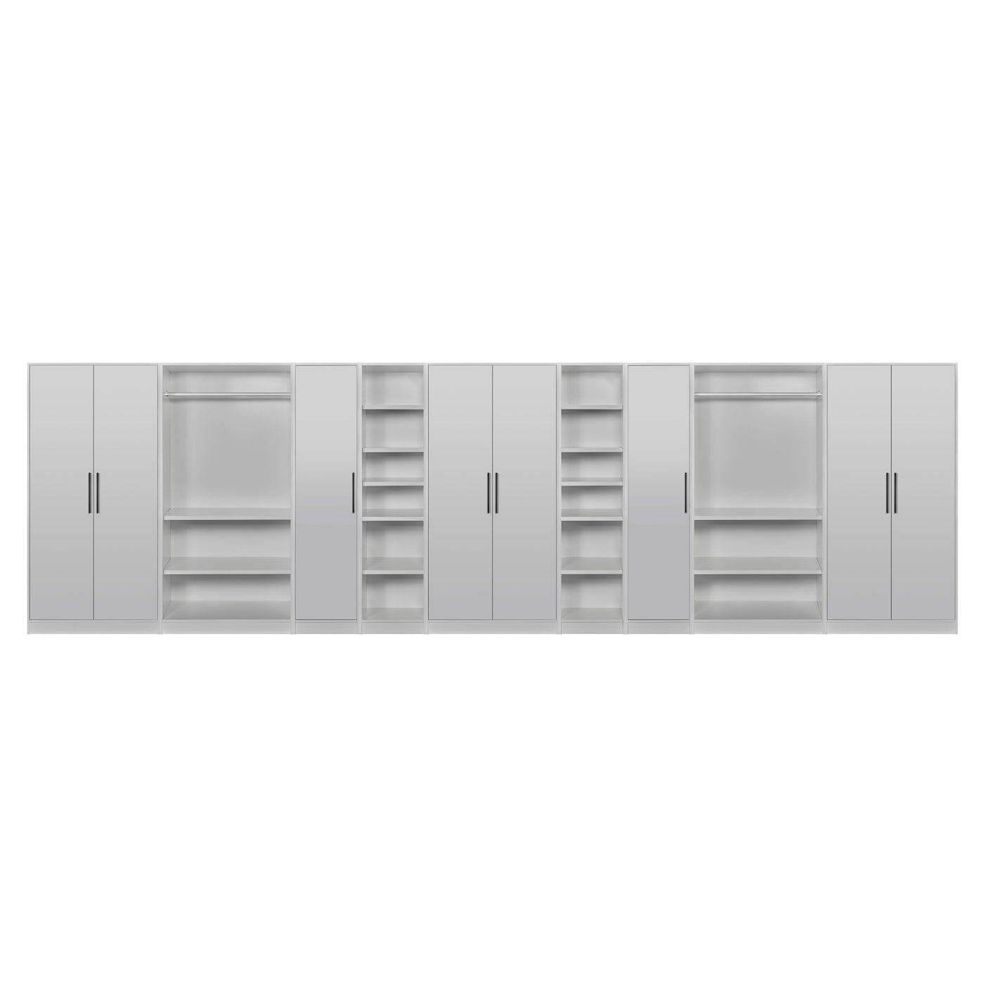 Rangement Systemix en décor papier sur panneaux de particules BLANC / ANTHRACITE, vue d'ensemble de tous les modules alignés : armoires, penderies, étagères ouvertes et colonnes de tiroirs