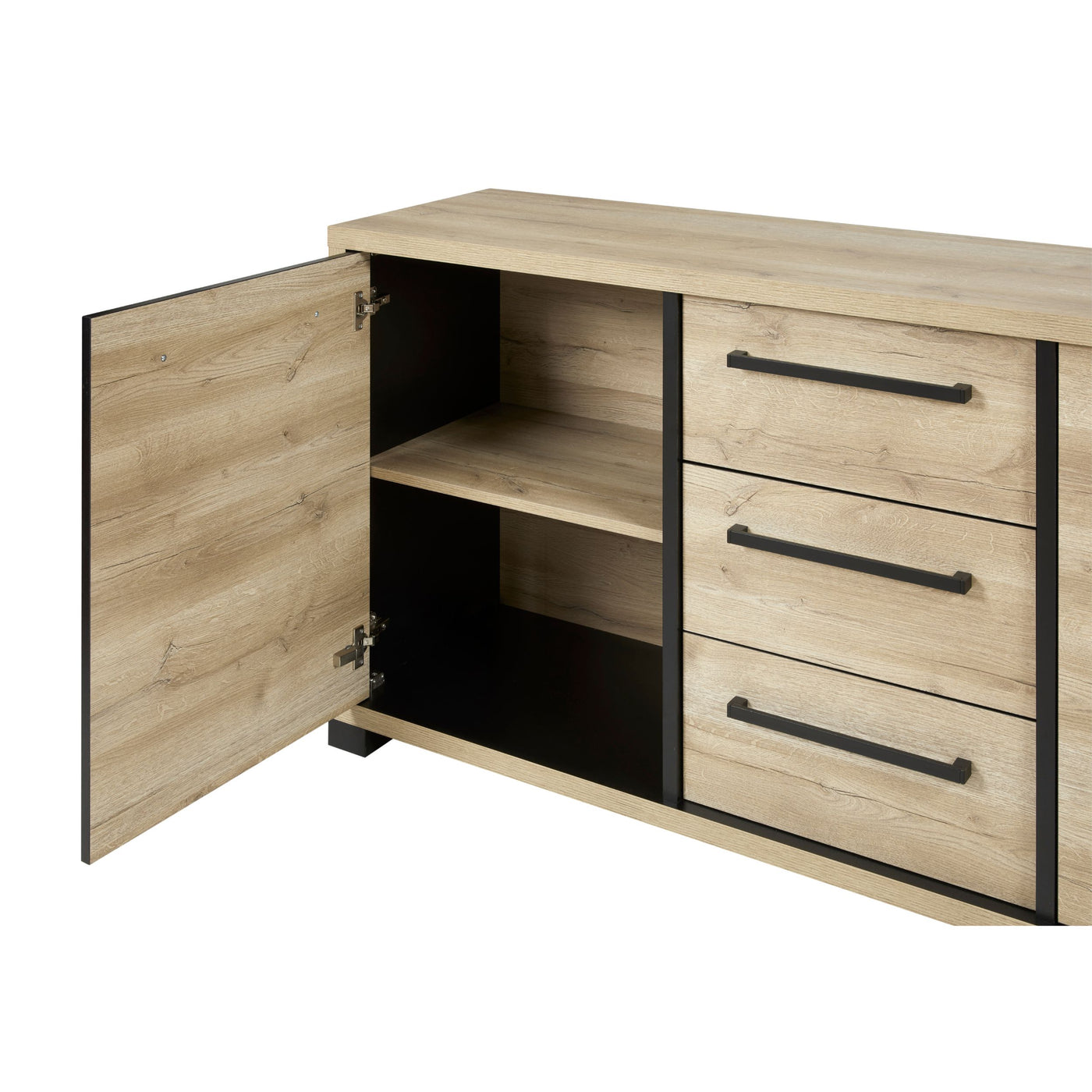 Salle à manger Rico (bi-ton Arizona Oak & Nero), petit buffet porte ouverte montrant l'étagère intérieure et les tiroirs chêne clair