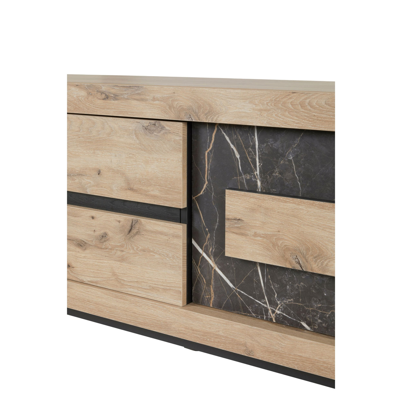 Salle à manger Sacha (Canyon Oak / Marmer / Nox), meuble TV détail tiroirs chêne et panneau marbre Nox