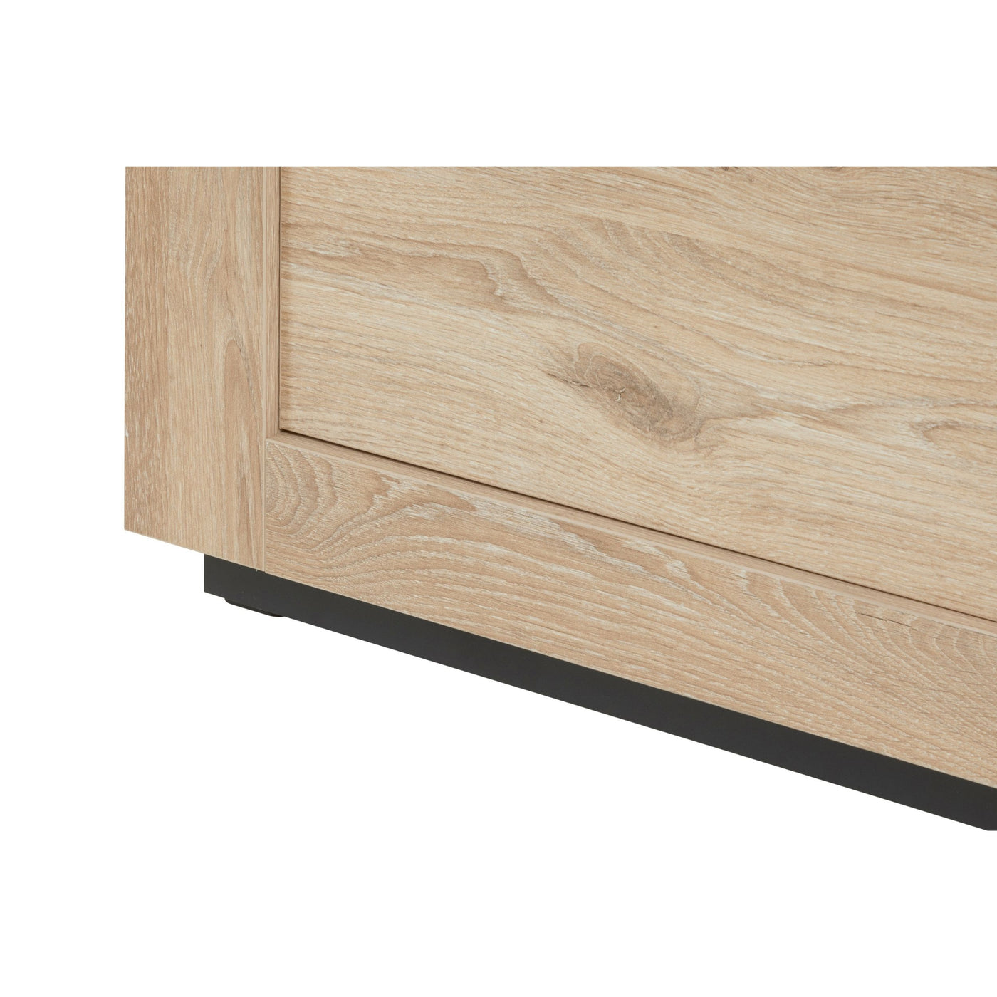 Salle à manger Sacha (Canyon Oak / Marmer / Nox), détail bas de façade chêne et socle noir