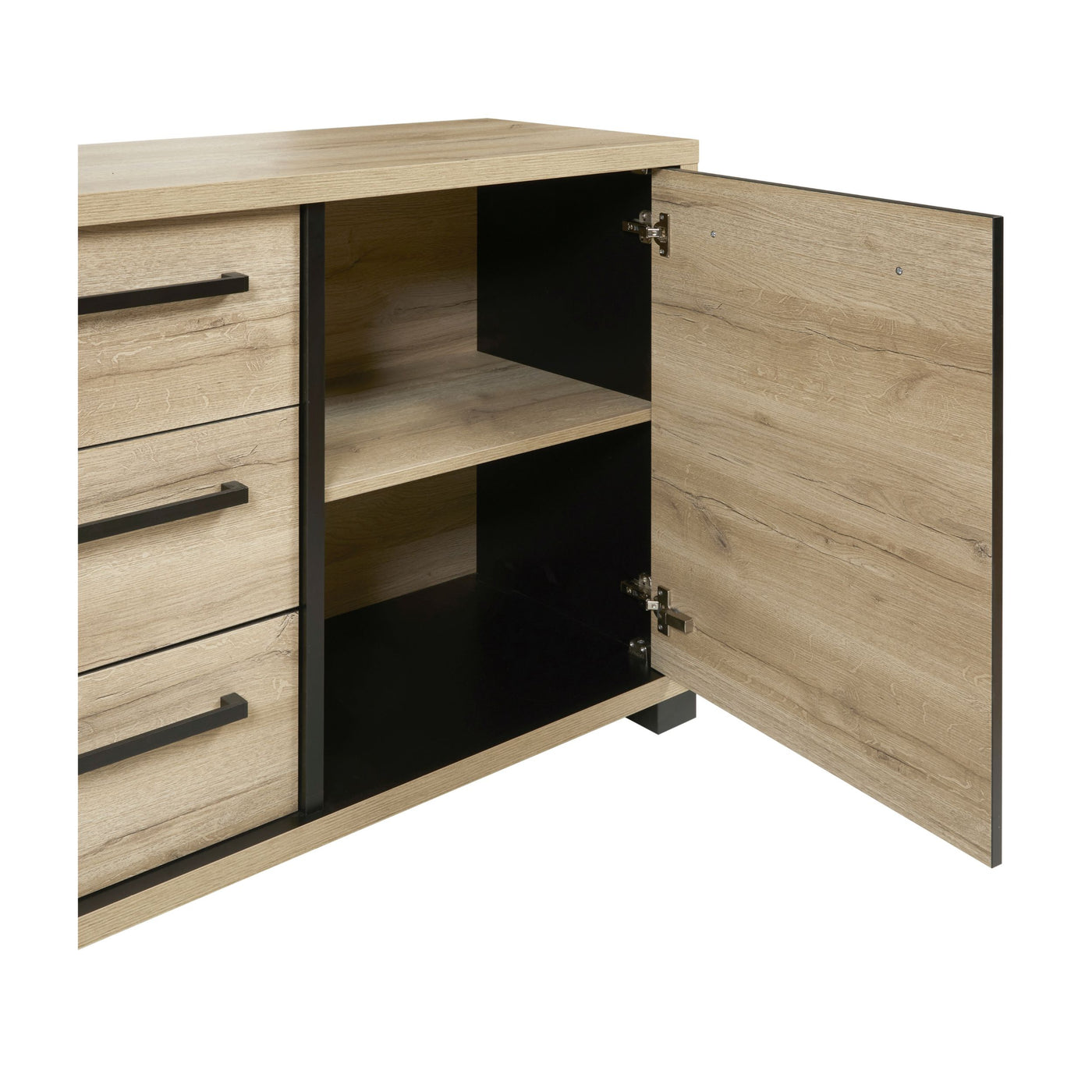 Salle à manger Rico (bi-ton Arizona Oak & Nero), buffet à trois tiroirs avec porte latérale ouverte montrant l'étagère intérieure