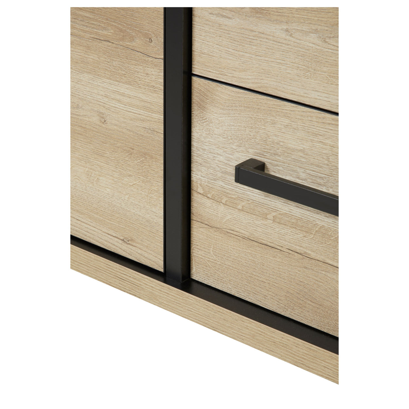Salle à manger Rico (bi-ton Arizona Oak & Nero), détail des poignées noires et du liseré noir séparant porte et tiroir