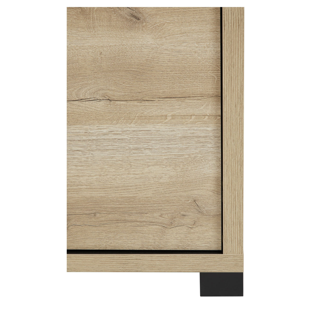 Salle à manger Rico (bi-ton Arizona Oak & Nero), détail de l'angle bas du buffet chêne clair avec liseré et pied noirs