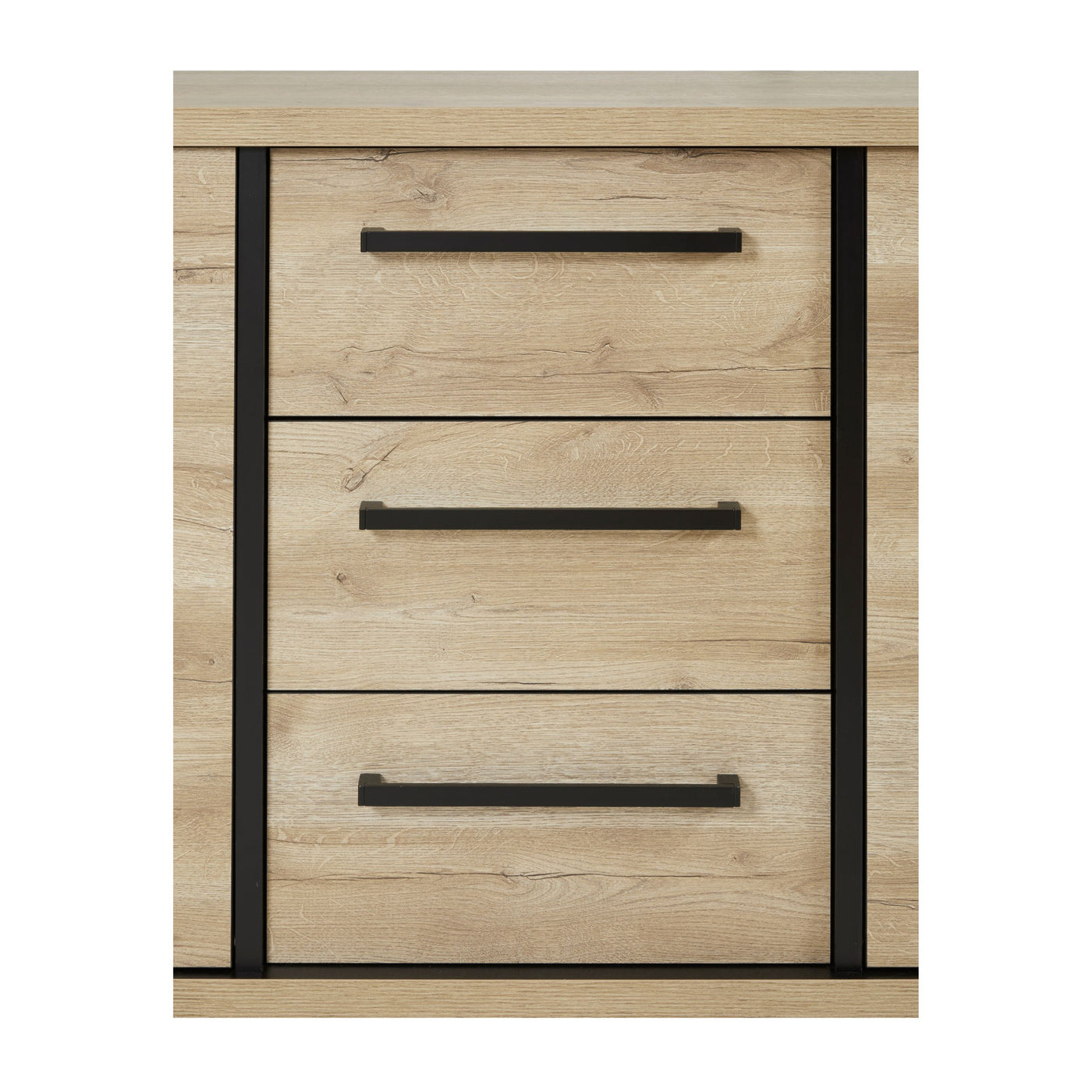 Salle à manger Rico (bi-ton Arizona Oak & Nero), façade des trois tiroirs chêne clair à poignées barre noires en vue rapprochée