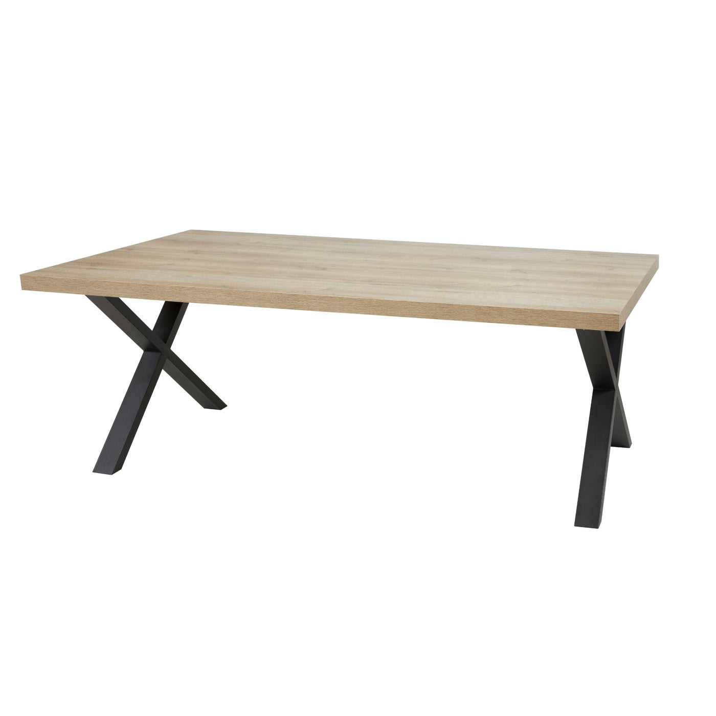 Salle à manger Rico (bi-ton Arizona Oak & Nero), table à manger rectangulaire chêne clair à pieds X noirs en vue trois-quarts sur fond blanc