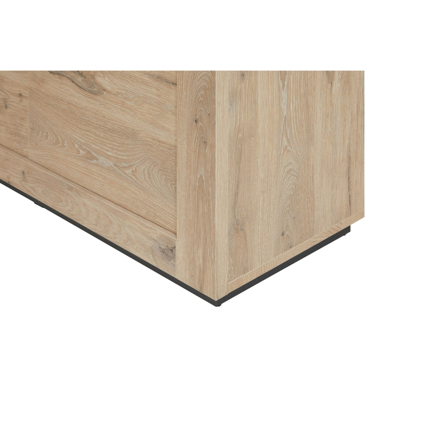 Salle à manger Sacha (Canyon Oak / Marmer / Nox), détail côté et socle noir en chêne