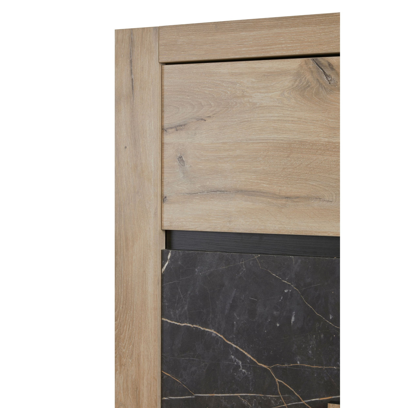 Salle à manger Sacha (Canyon Oak / Marmer / Nox), détail façade chêne et panneau marbre Nox du bahut