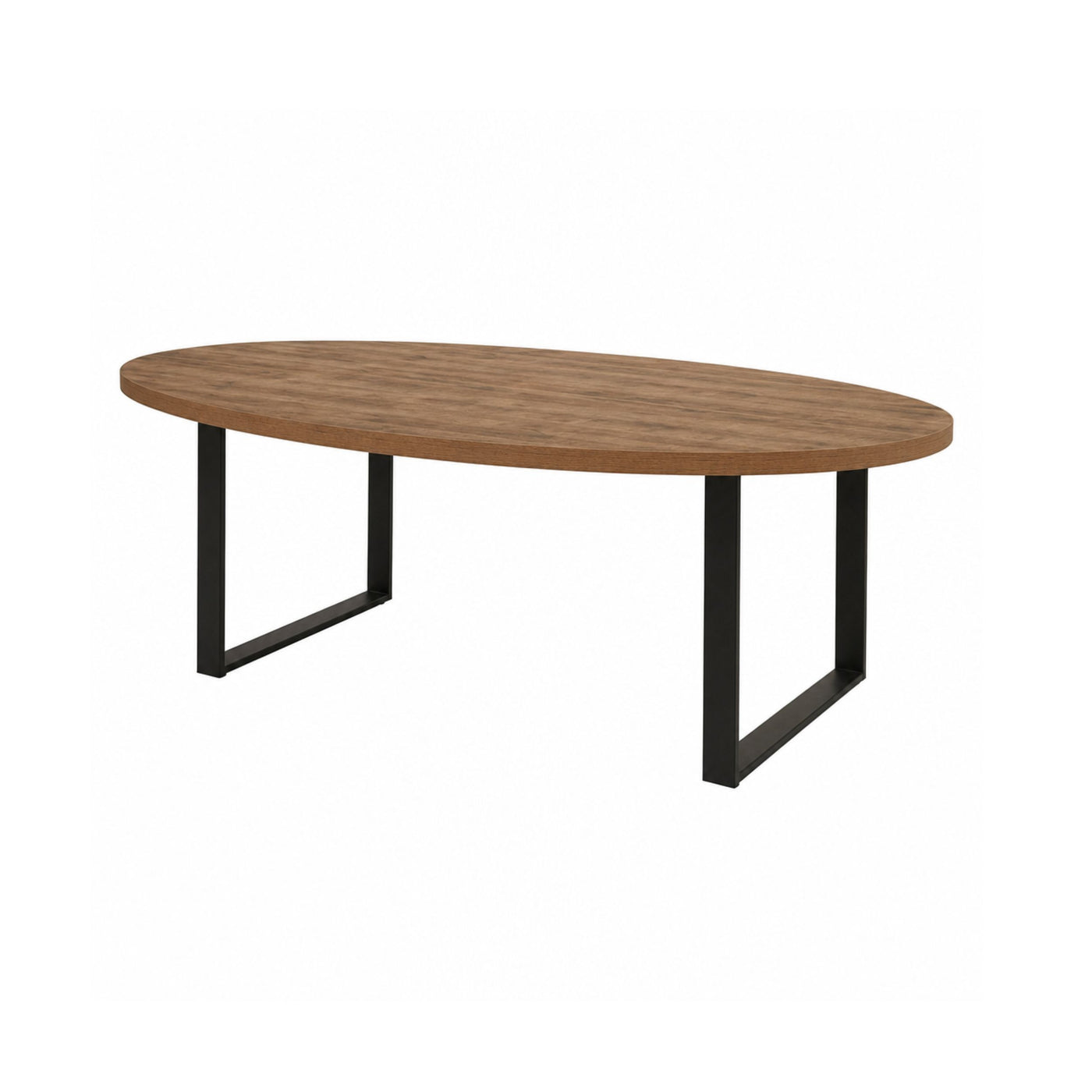 Salle à manger Onno (décor TROPIX), table à manger au plateau bois clair sur piétement métal en U, vue trois-quarts sur fond blanc