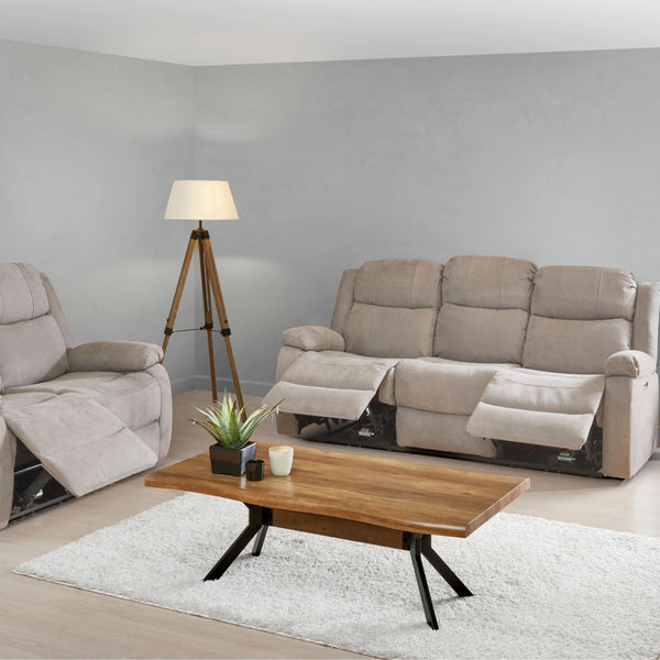 Canapé Jumet RHODES greige : fauteuil relax et canapé 2 places ouverts dans un salon contemporain