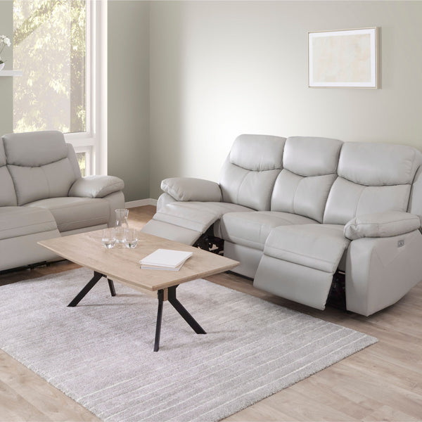 Canapé Victoria 3 places et fauteuil 2 places en demi-cuir Gris Clair, relax déployé, ambiance salon scandinave