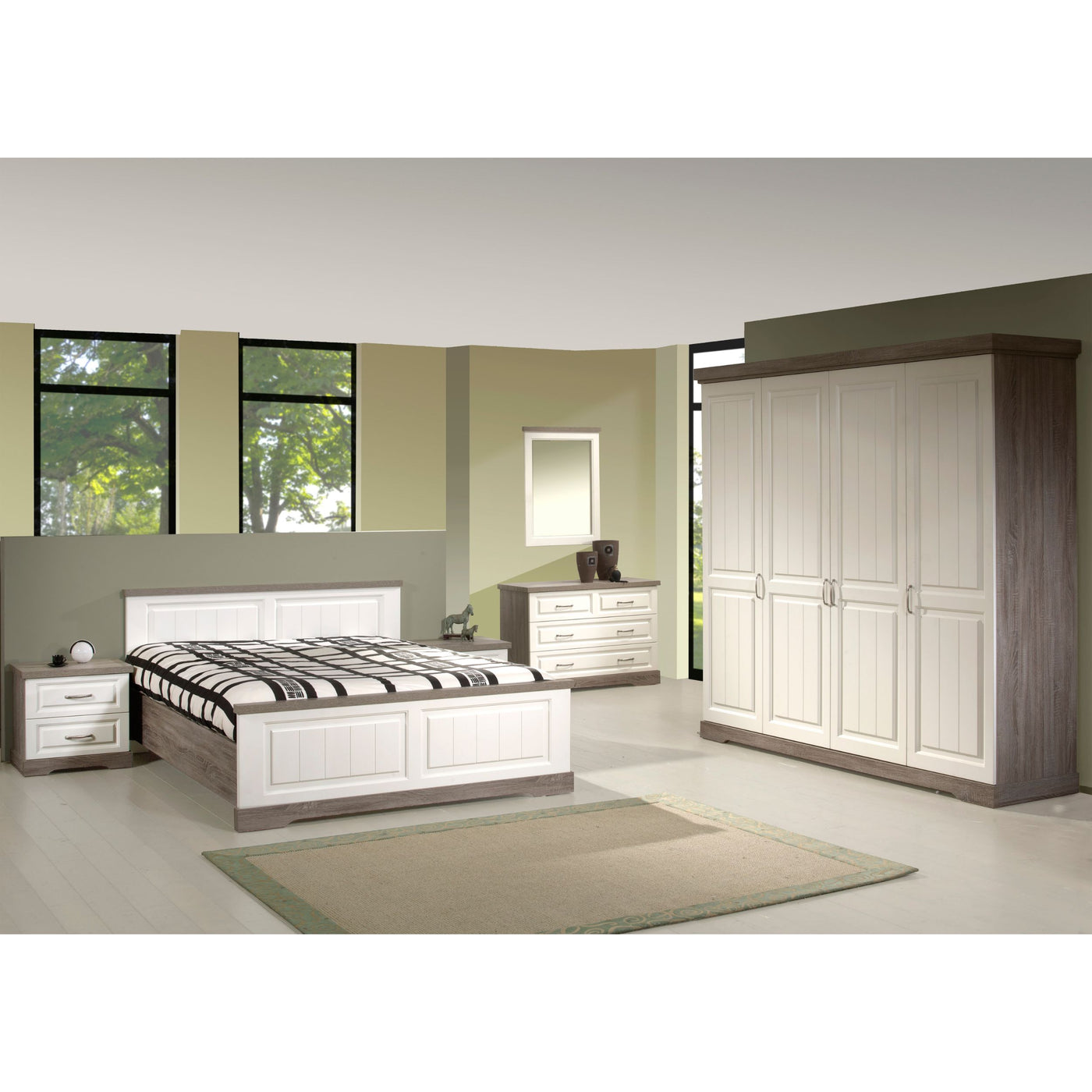 Ensemble chambre Ivette TRUFFLE + PORCELAINE complet : lit double, deux chevets, miroir, commode et armoire 4 portes