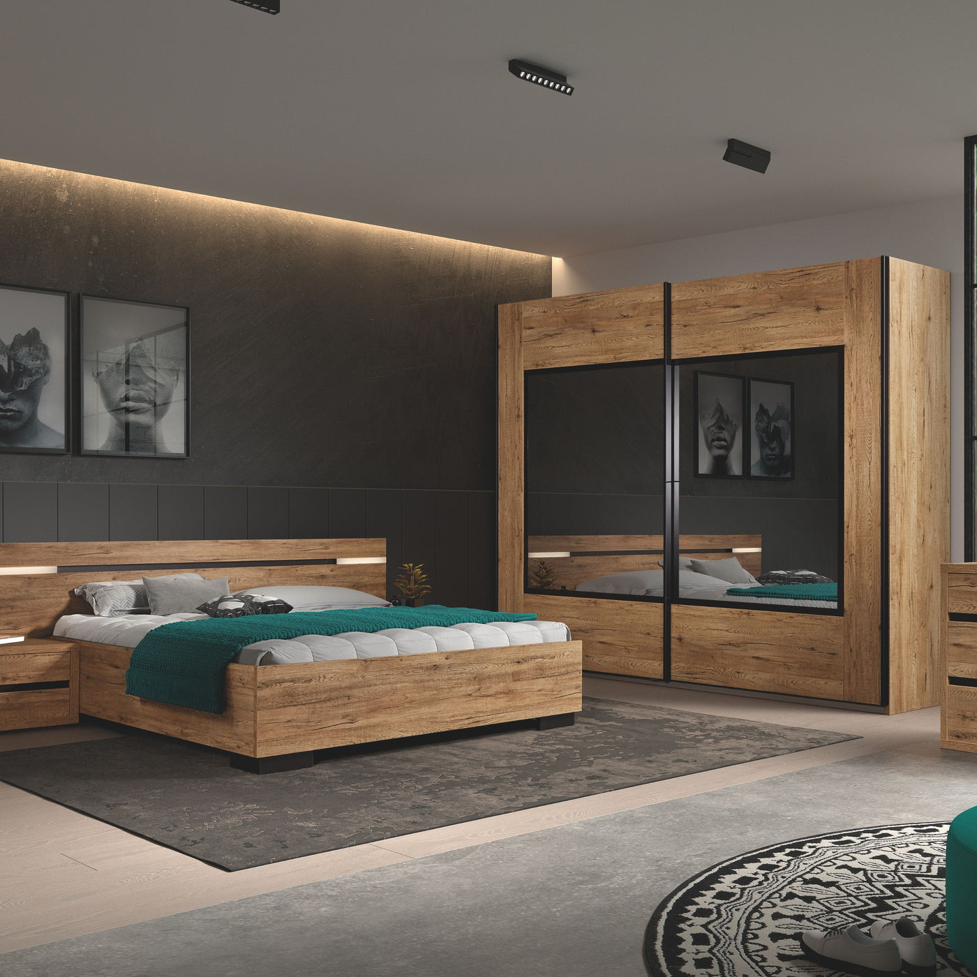 Chambre Olivia SCARLET OAK complète : lit double LED, deux chevets, armoire coulissante miroir et commode, ambiance sombre et contemporaine