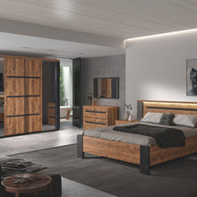 Ensemble chambre Pauline DARK STONE : lit double avec tête de lit LED, deux chevets, commode, miroir et armoire coulissante dans une chambre contemporaine 