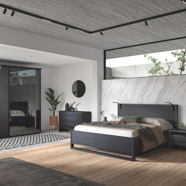 Ensemble chambre Rosie NOX complet : lit double avec liseuse LED, deux chevets, commode et grande armoire coulissante, ambiance industrielle