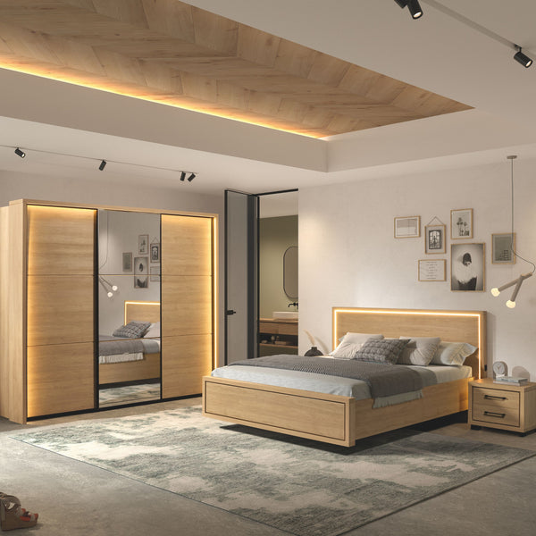 Ensemble chambre Udine URBAN OAK : lit double avec tête de lit LED, chevet, armoire 3 portes coulissantes à miroir