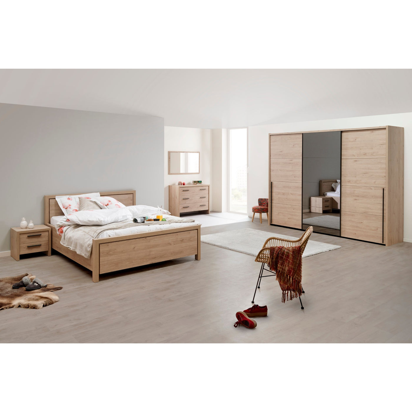 Ensemble chambre Viola CASTELLA complet : lit double, deux chevets, commode, miroir et armoire 3 portes coulissantes à miroir