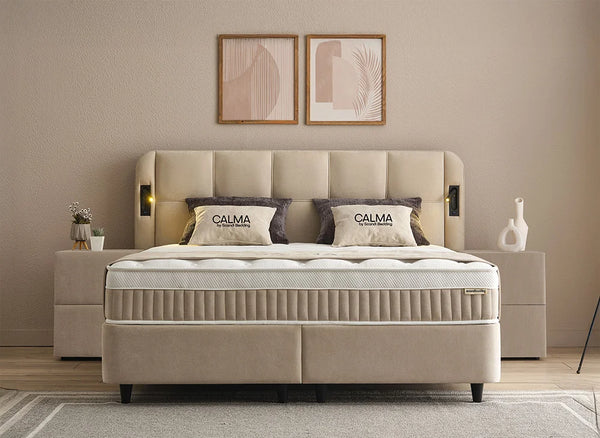 Lit Calma — Boxspring à coffres et tête de lit lumineuse