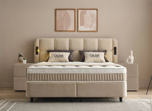 Lit Calma — Boxspring à coffres et tête de lit lumineuse