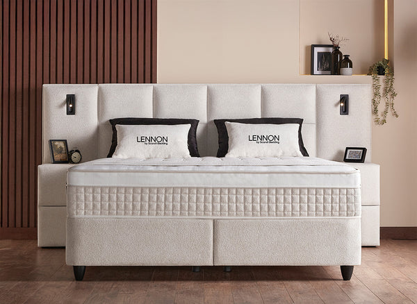Lit Lennon — Boxspring bouclé à coffres et liseuses