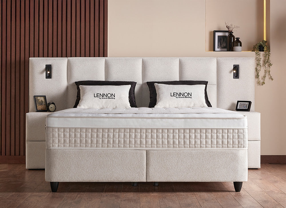 Lit Lennon — Boxspring bouclé à coffres et liseuses