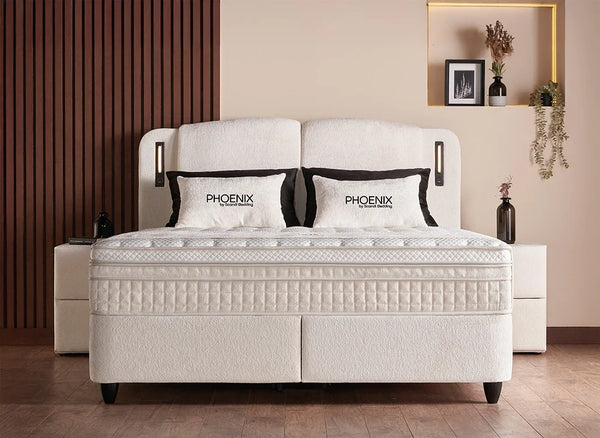 Lit Phoenix — Boxspring bouclé à coffres de rangement