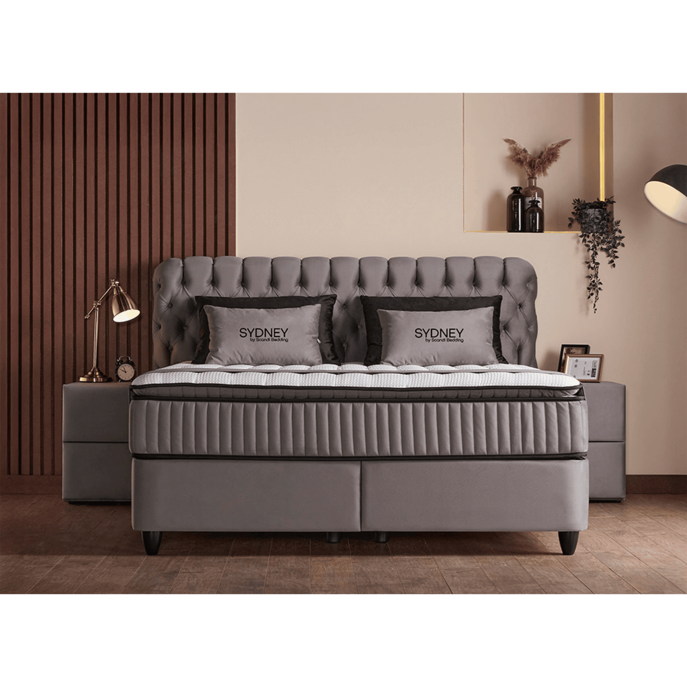 Lit Sydney Gris — Boxspring Chesterfield à coffres