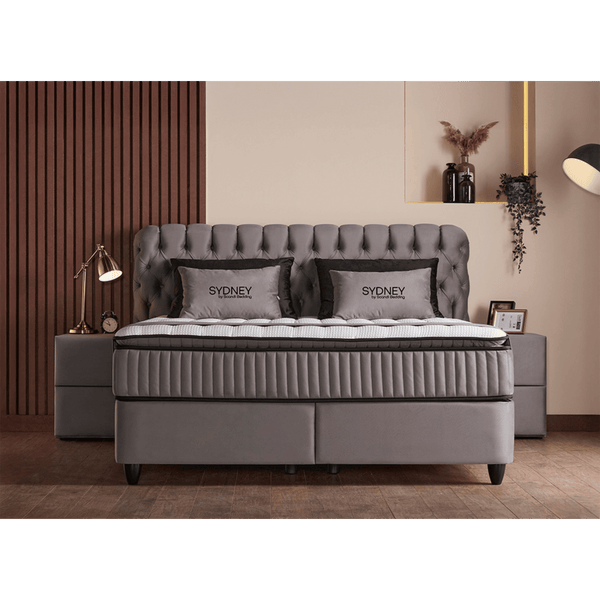 Lit Sydney Gris — Boxspring Chesterfield à coffres